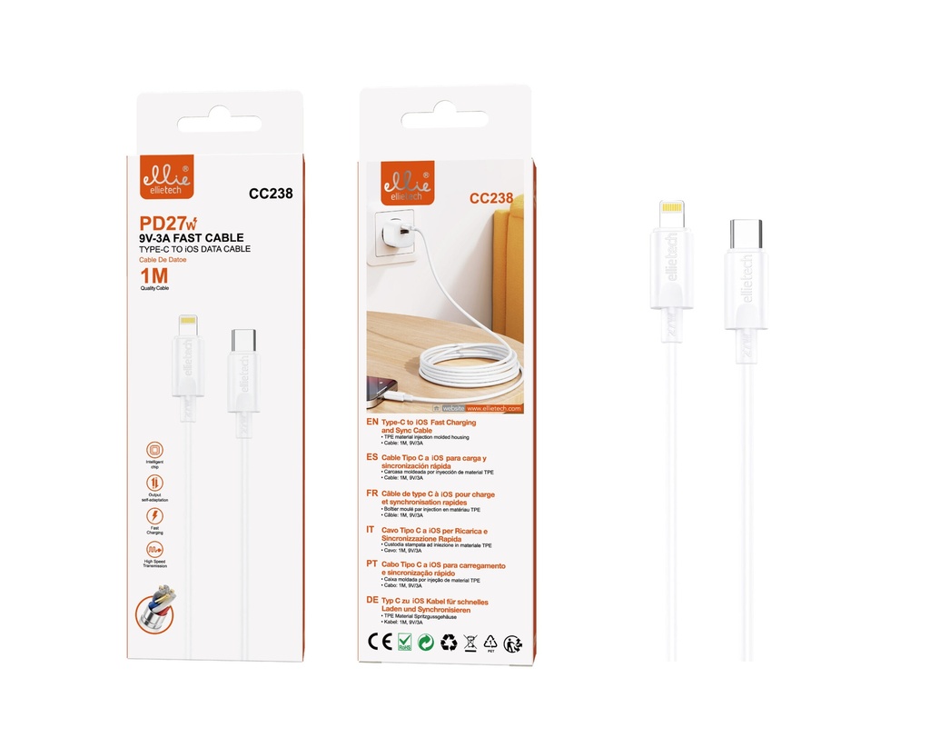 CABLE RÁPIDO TIPO C A iOS PD27W 9V-3A 1M