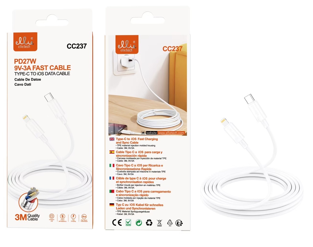 CABLE RÁPIDO TIPO C A iOS PD27W 9V-3A 3M