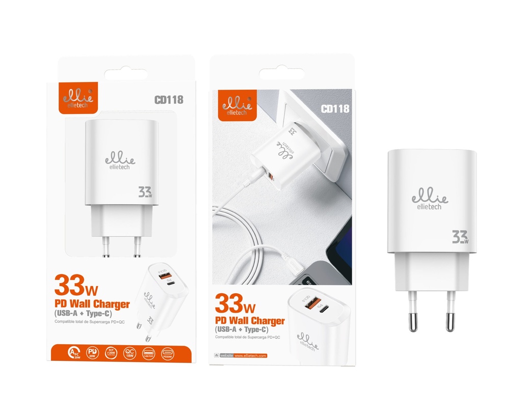 CARGADOR PARED RÁPIDO PTO C Y A 33W PD