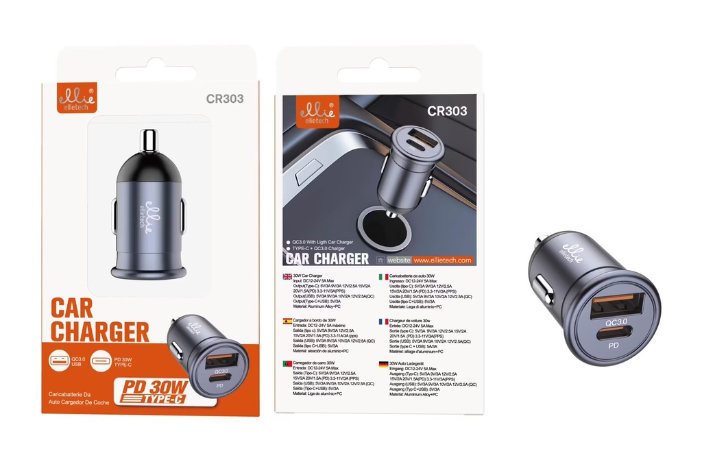 CARGADOR RÁPIDO CAR PD30W 2 PTOS A Y TIPO C
