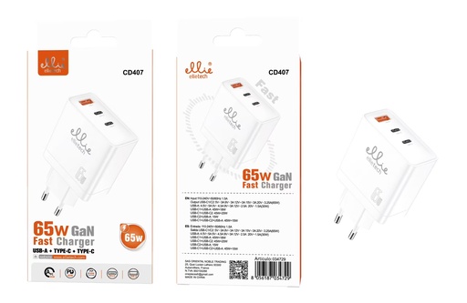 [CD407] CARGADOR PARED GAN PD65W USB A+C+C