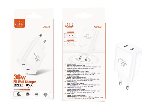[CD322] CARGADOR PARED RÁPIDO 2 PTOS C 36W 5V-3.1A