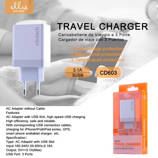 [CD603] CARGADOR PARED RÁPIDO 3 PTOS USB-A 18W 5V-3.1A